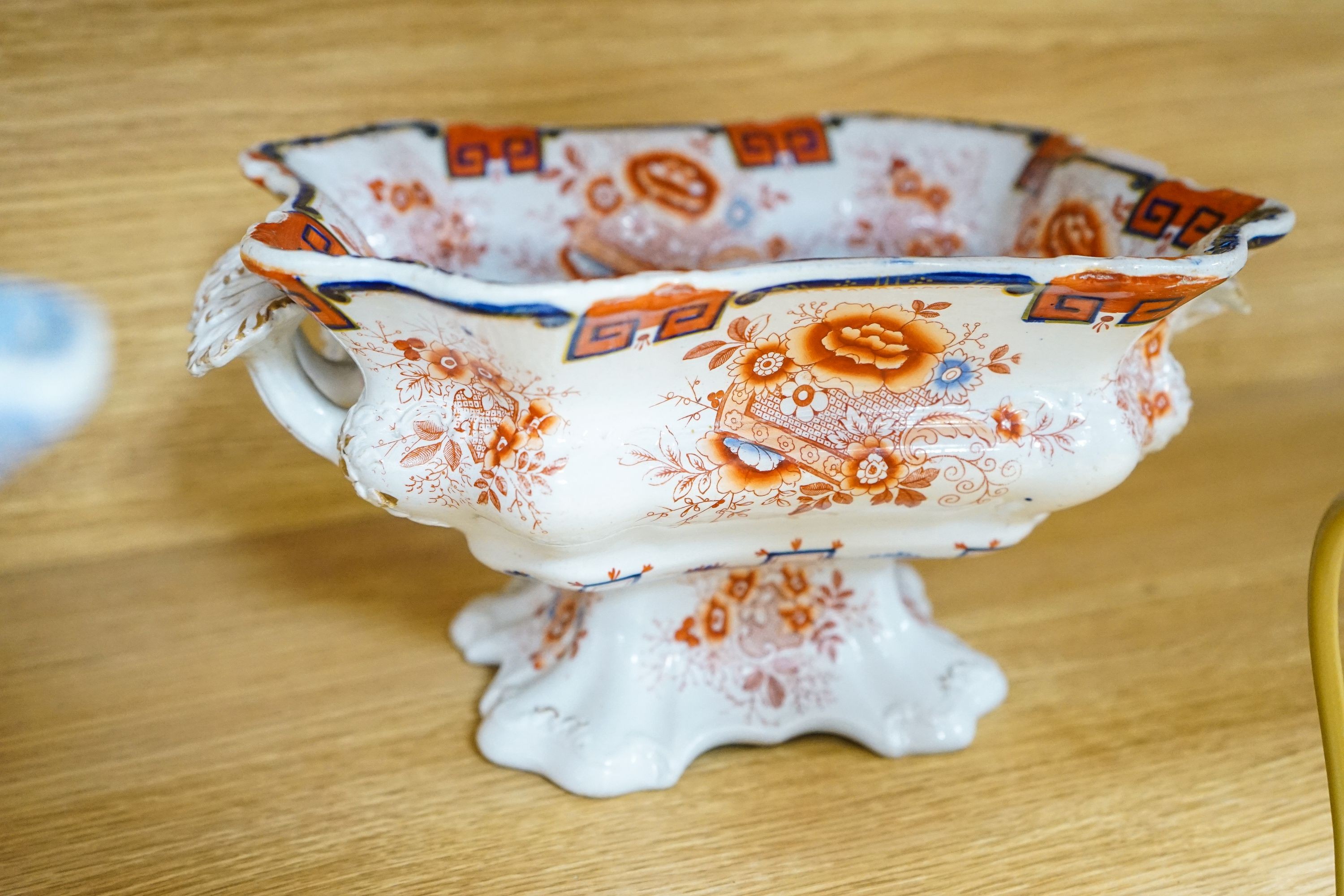 Five Masons ironstone jugs and a Masons ironstone part dinner service, to include a tureen and an oval dish